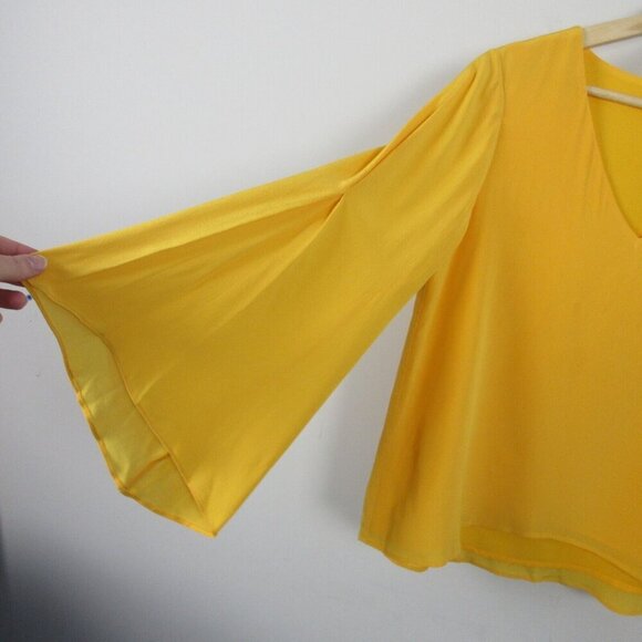 Club Monaco Women Silk Tunic Top V-Neck Pullover Bell Sleeve Casual Yellow S 124 - Picture 6 of 11
